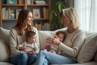 Femme souriante en salon avec mère et enfant