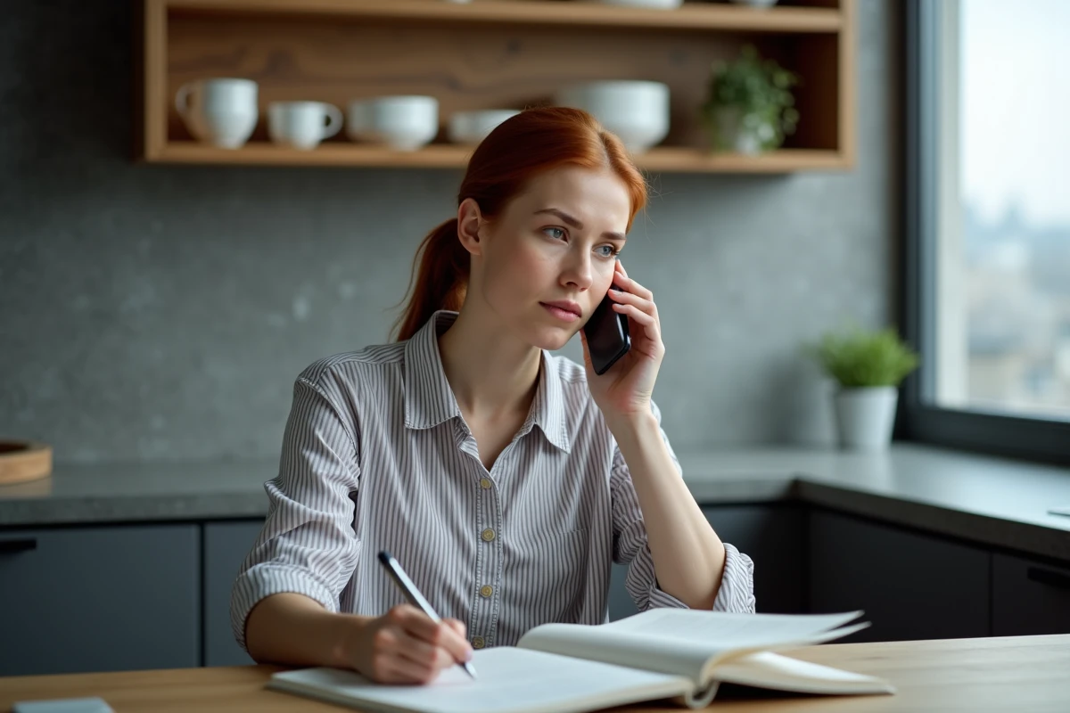 Jeune femme concentrée au téléphone prenant des notes dans une cuisine moderne, illustrant l'effort cognitif d'écouter et comprendre une langue lors d'un dialogue