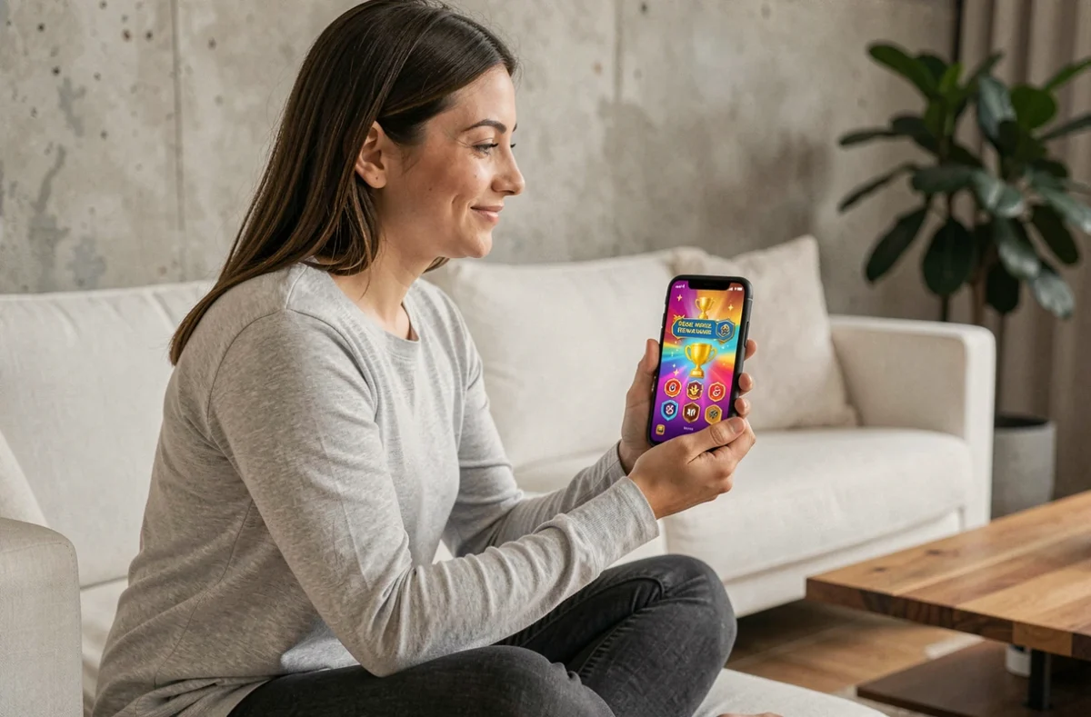 Femme découvrant les avantages du Tycoon Club Monopoly Go sur son smartphone dans un salon moderne
