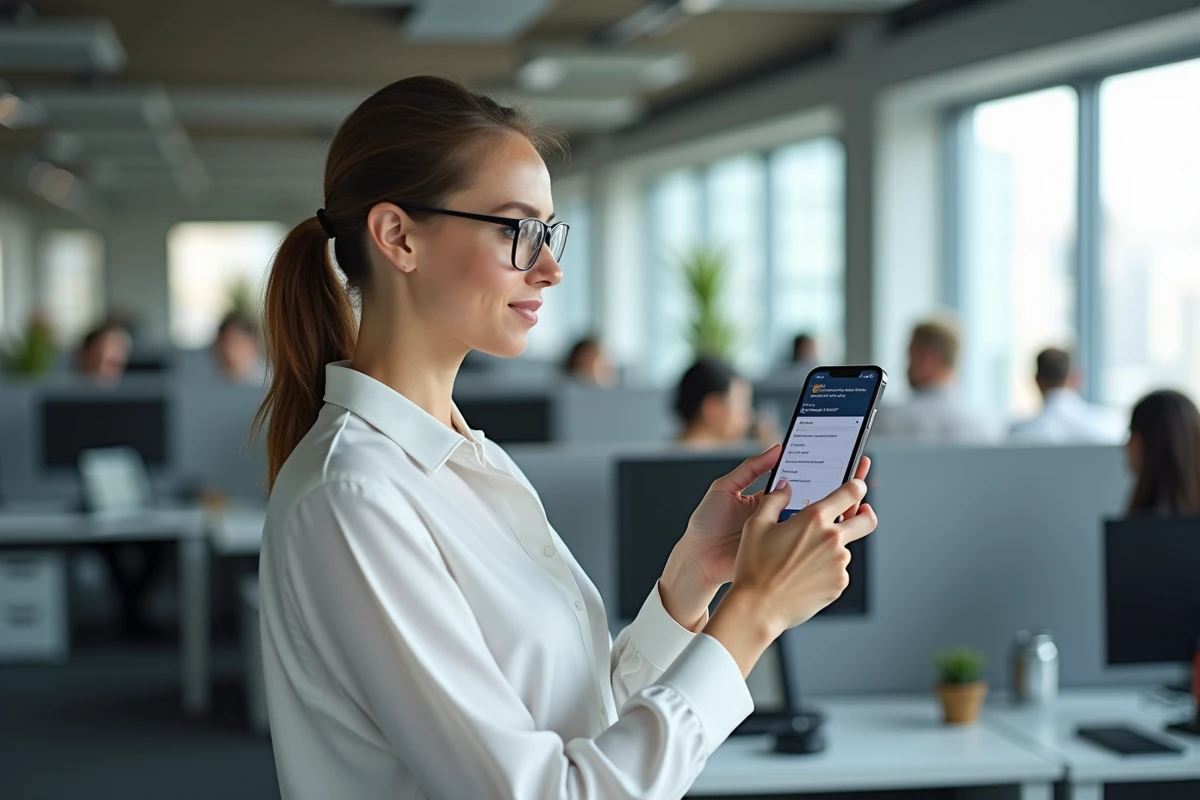 Femme consultant l'adresse d'un site internet sur son smartphone dans un open space professionnel