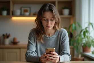 Femme vérifiant un numéro de téléphone inconnu sur son smartphone à la cuisine avec une expression inquiète