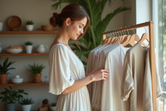 Jeune femme en robe coton recyclé dans boutique écologique