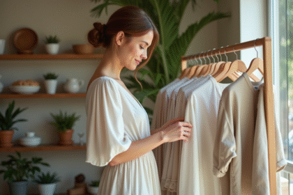 Jeune femme en robe coton recyclé dans boutique écologique