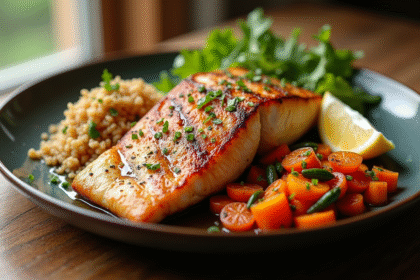 Filet de poisson grillé avec légumes colorés et quinoa