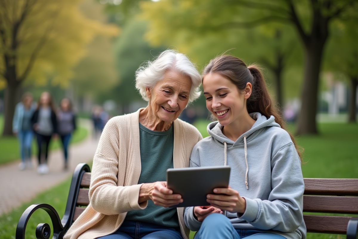 Une femme âgée et une adolescente partagent une tablette dans un parc