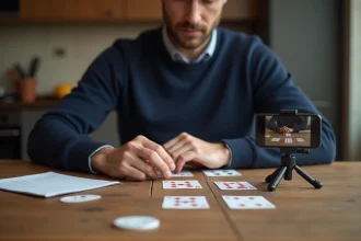 Homme filmant sa partie de belote à 2 avec un smartphone sur trépied posé sur une table en bois