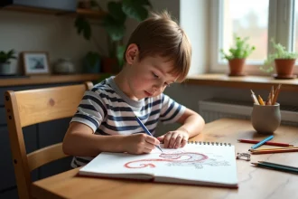Jeune garçon dessinant Dracaufeu dans une cuisine chaleureuse