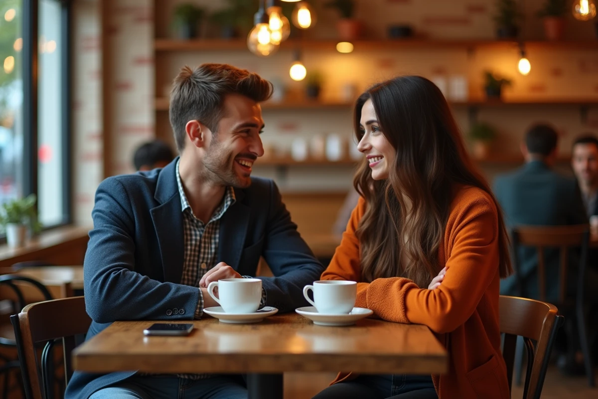 Couple de jeunes adultes partageant un moment complice autour d'un café dans un café parisien cosy à l'ambiance chaleureuse