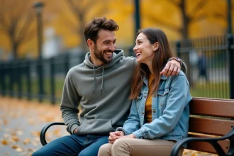 Couple de jeunes adultes en tenue streetwear assis sur un banc dans un parc en automne, riant ensemble dans une atmosphère urbaine chaleureuse