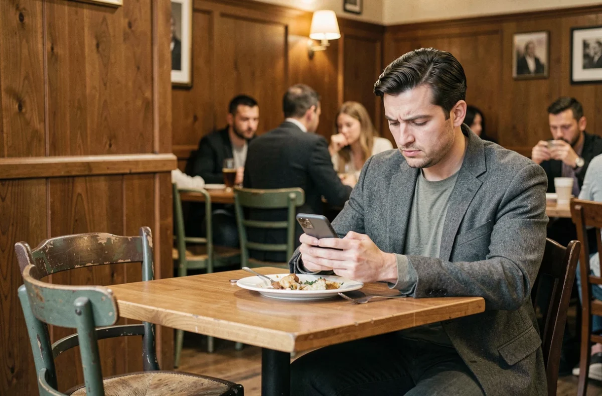 Homme goujat ignorant son entourage dans un restaurant, illustrant le manque de savoir-vivre et l'incivilité au quotidien
