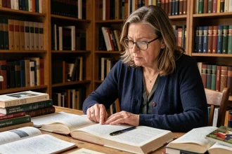 Grammairienne consultant un livre de grammaire française ouvert sur un bureau en bois entouré de dictionnaires