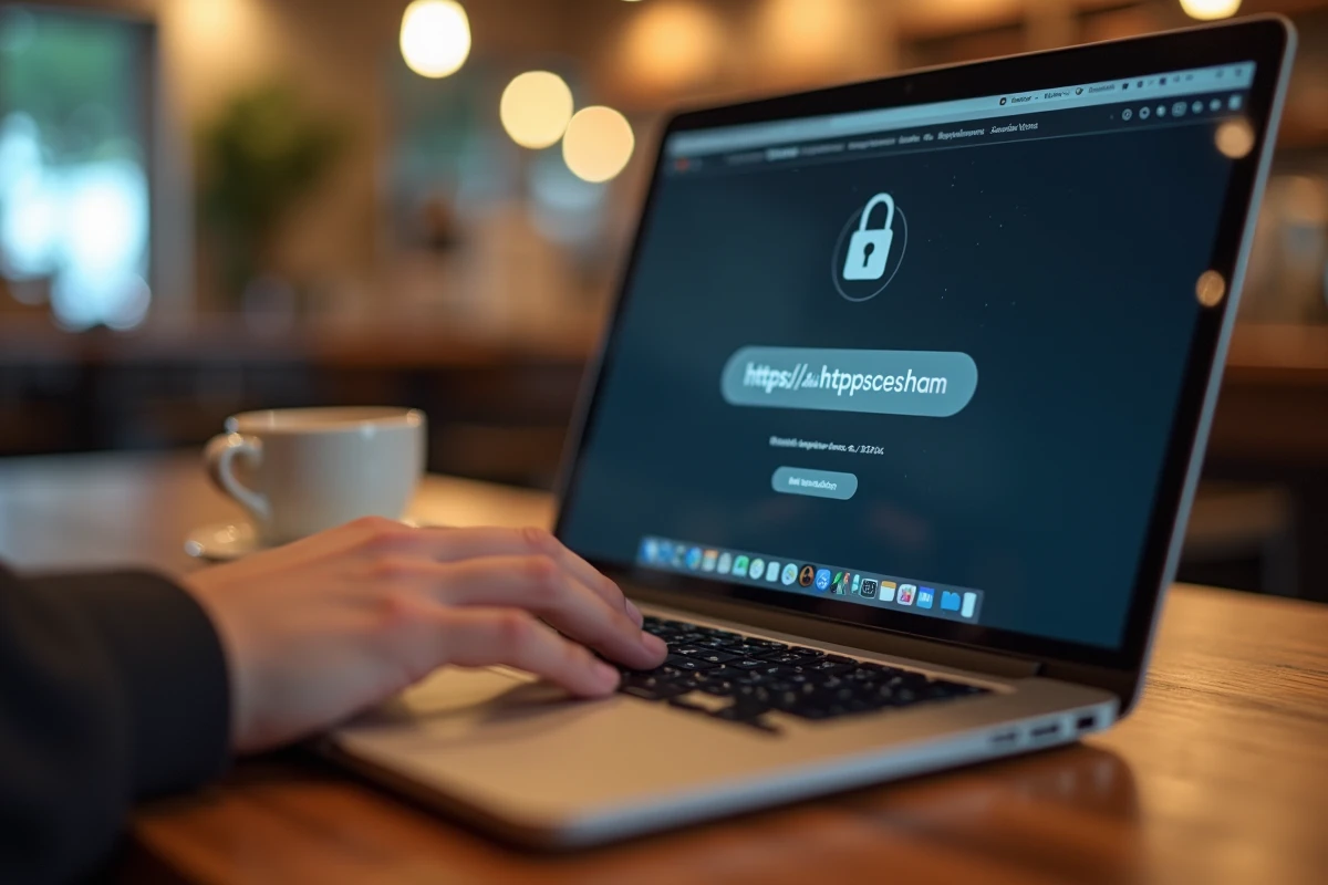 Gros plan sur la barre d'adresse HTTPS d'un navigateur web sur un ordinateur portable dans un café