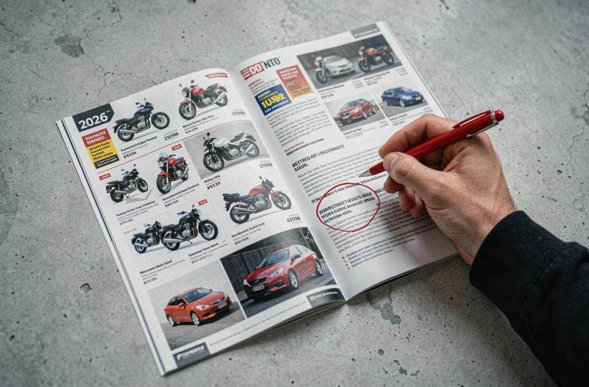 Gros plan sur un catalogue auto moto 2026 ouvert avec une main entourant une clause en petits caractères au stylo rouge