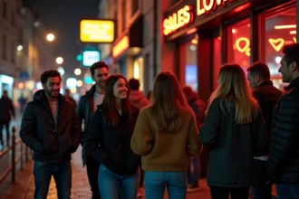Groupe d'amis souriants devant une boîte de nuit à Lille