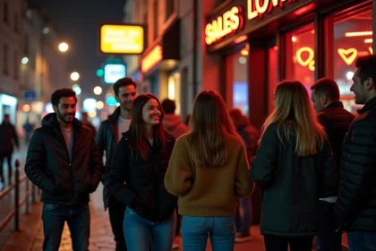 Groupe d'amis souriants devant une boîte de nuit à Lille