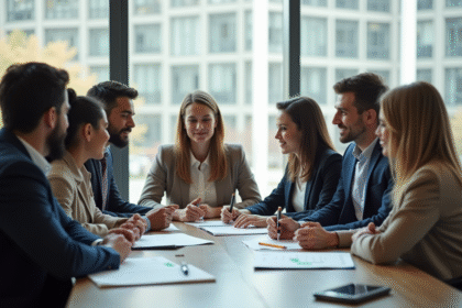 Groupe diversifié de personnes avec un avocat dans un bureau lumineux