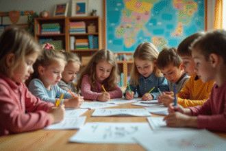 Enfants d ecole primaire travaillant sur un journal fait main