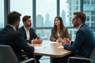 Groupe de professionnels en réunion avec tension en bureau moderne