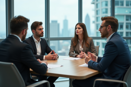 Groupe de professionnels en réunion avec tension en bureau moderne