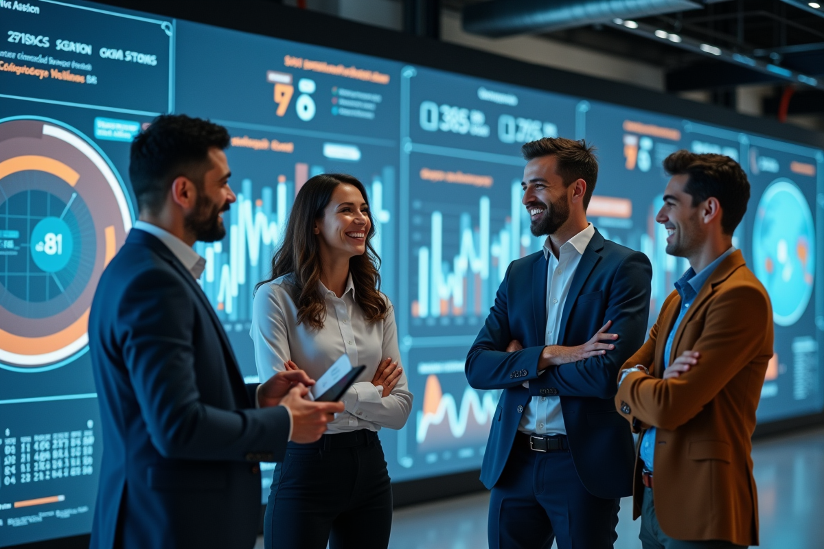 Trois professionnels souriants devant un mur de données interactif