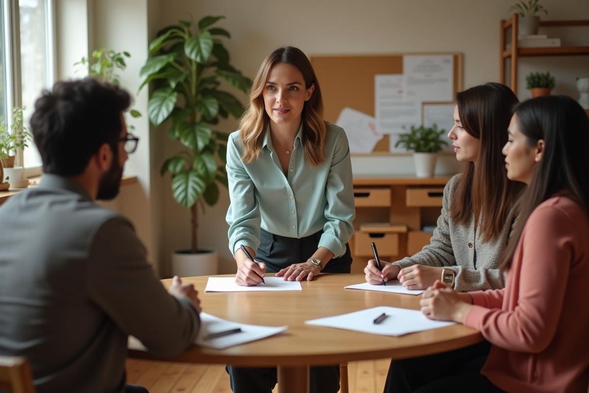 Professionnelle anime groupe de parents dans une salle