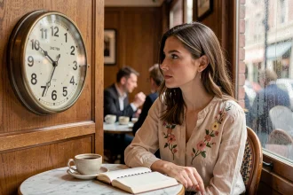 Femme contemplative dans un café parisien regardant une horloge affichant 12h12, symbolisant l'heure miroir et ses significations amoureuses