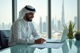 Jeune homme d'affaires à Dubai avec Burj Khalifa en arrière-plan