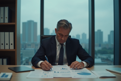 Homme d'affaires en costume analysant des graphiques financiers