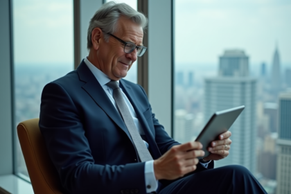 Homme d'affaires en costume regardant des graphiques sur tablette