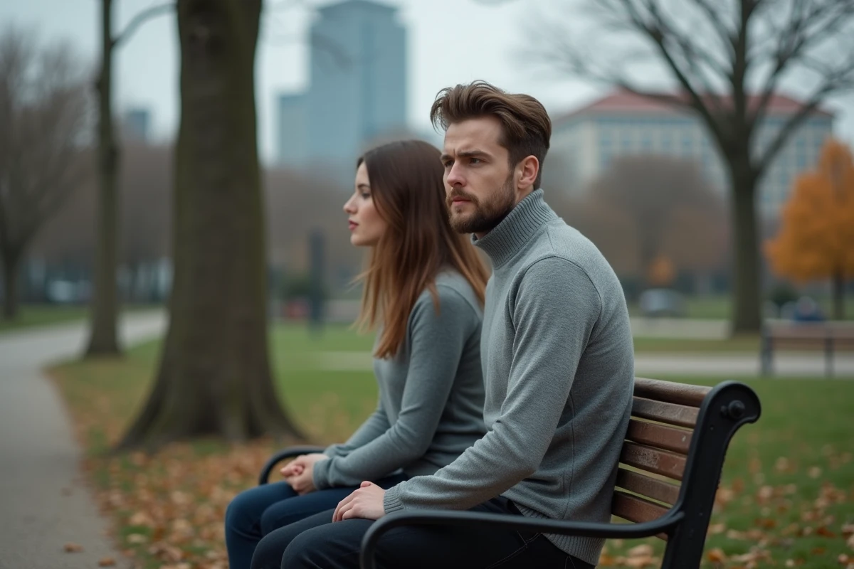 Couple en conversation intime sur un banc de parc en automne, homme exprimant ses émotions