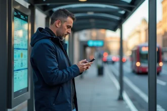 Homme d'âge moyen regardant son smartphone à un abri bus