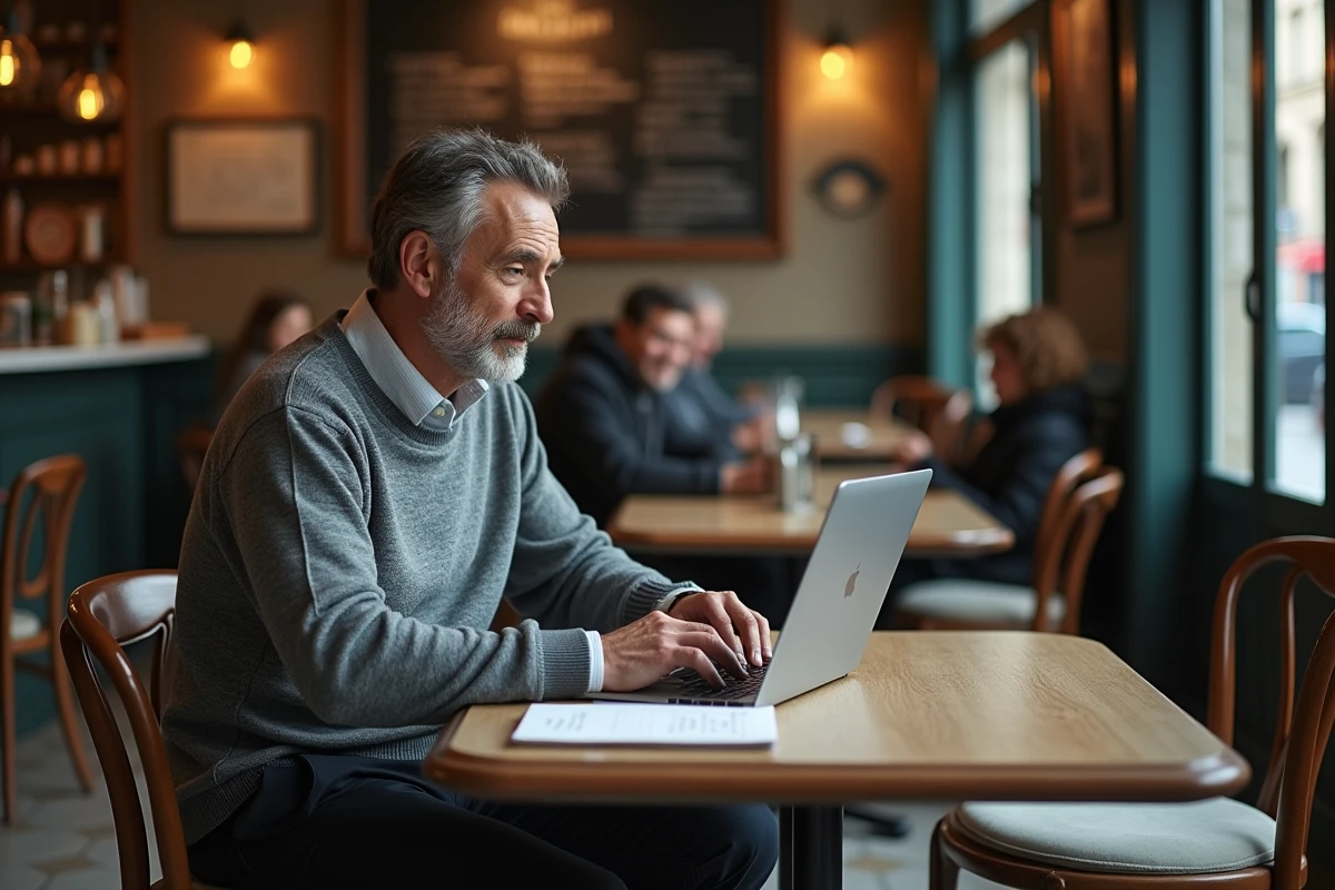 Homme dans un café parisien rédigeant un email professionnel sur son ordinateur portable, illustrant les formules de politesse comme 'vous en remerciant par avance'