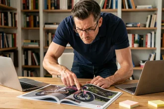 Homme consultant un catalogue auto moto 2026 avec une expression dubitative, assis à un bureau en bois dans un bureau à domicile moderne