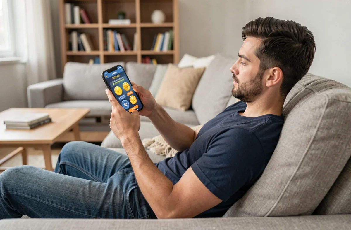 Homme adulte recevant des tours gratuits Coin Master sur mobile depuis son canapé en 2026