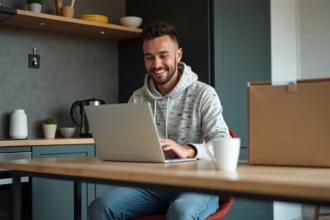 Homme décontracté utilisant un ordinateur dans une cuisine urbaine