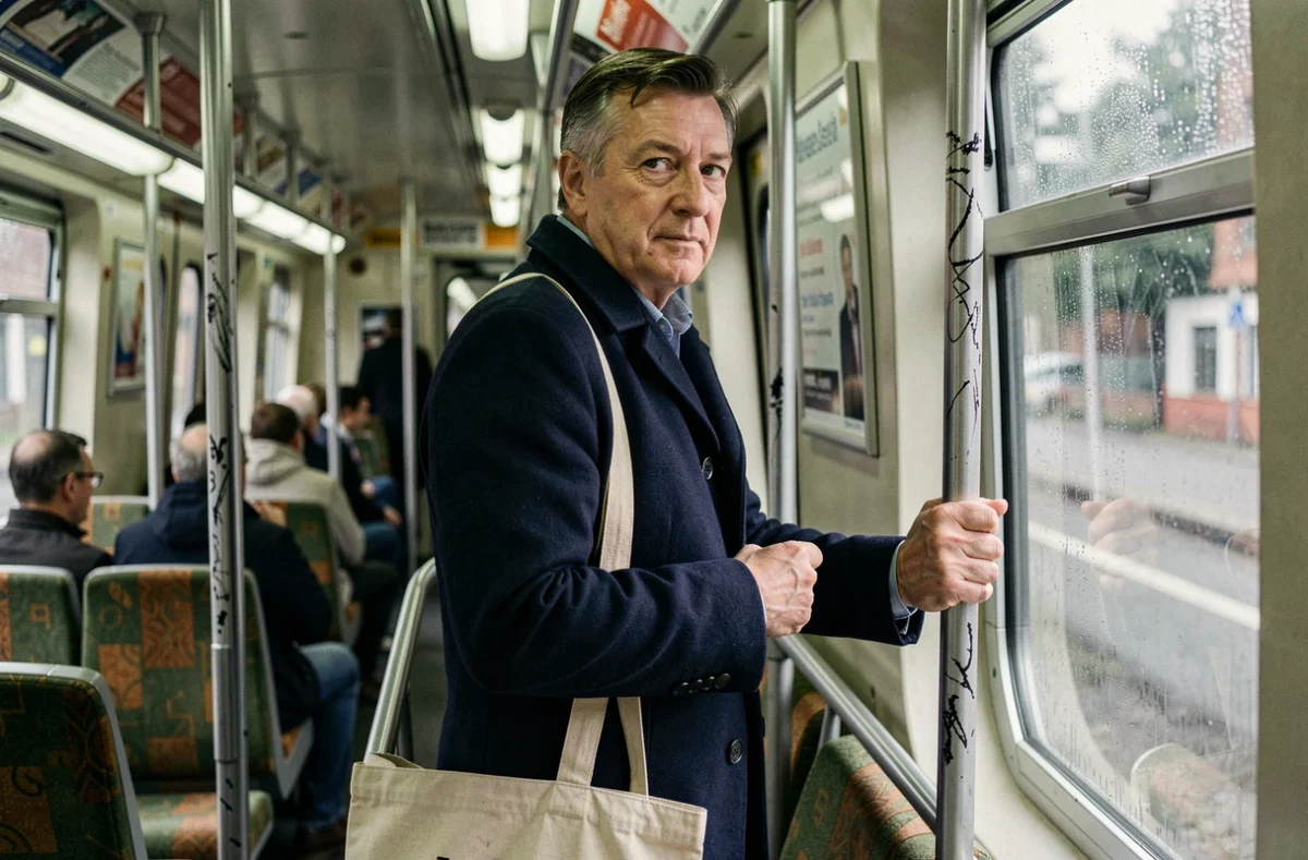 Un homme en manteau bleu marine dans un wagon du DART, le train de banlieue de Dublin, regardant par la fenêtre sous la pluie
