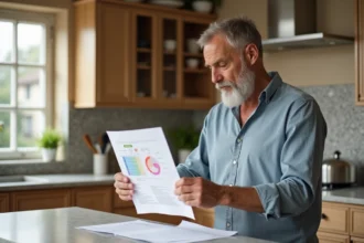 Homme vérifiant son certificat de performance énergétique dans une cuisine moderne