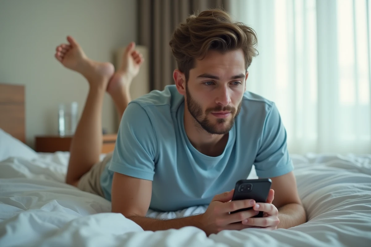Jeune homme consultant des indices pour Rooms and Exits sur son téléphone dans sa chambre