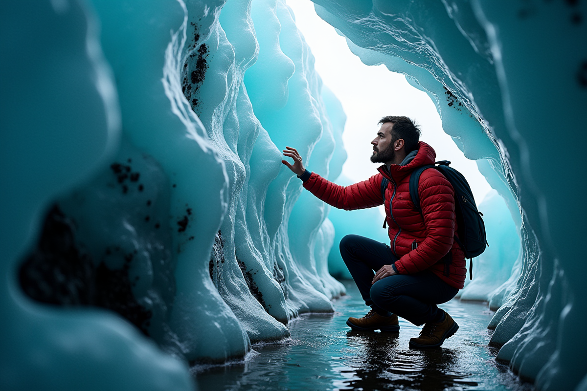 Homme explorant formations de glace dans une grotte islandaise