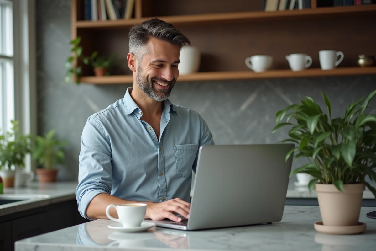 Homme souriant utilisant son ordinateur pour jouer à Motus