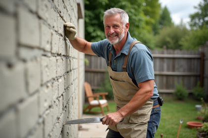 Hommes appliquant du mortier sur un mur extérieur