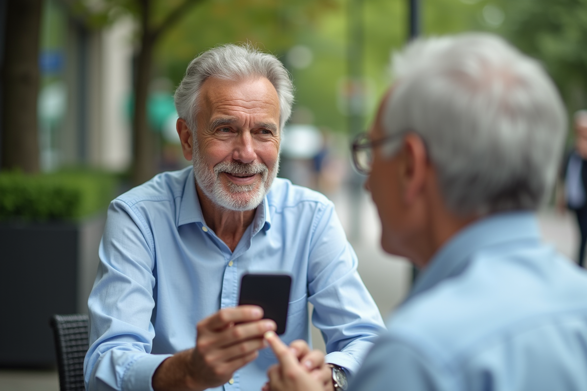 Homme mature se maquillant en plein air dans un café urbain