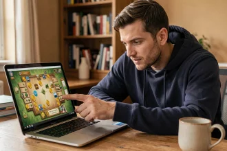 Homme concentré consultant le site Monopoly Go sur son ordinateur portable dans un bureau à domicile