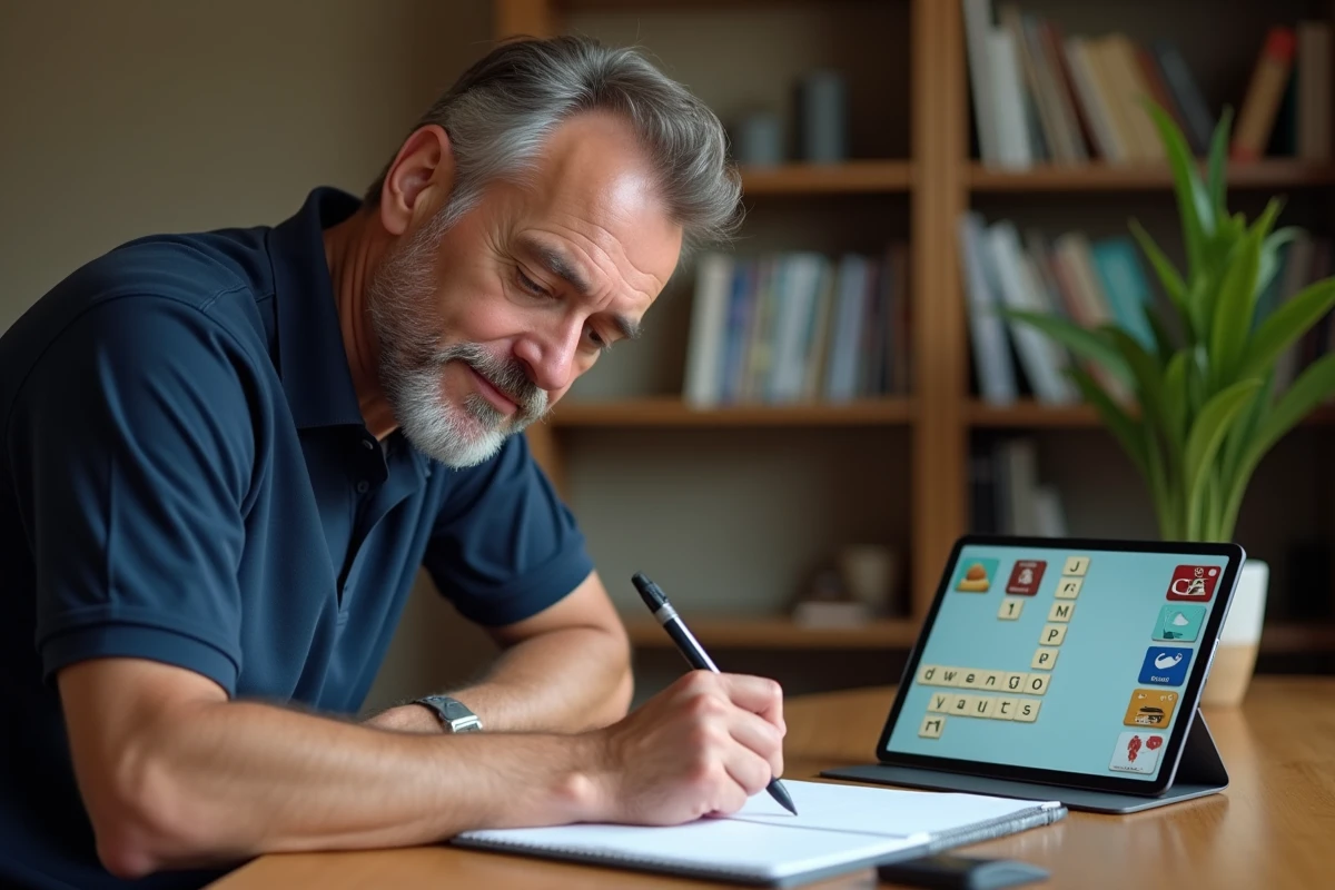 Homme notant des lettres sur un carnet pour résoudre une énigme de 7 lettres dans le jeu 4 Images 1 Mot