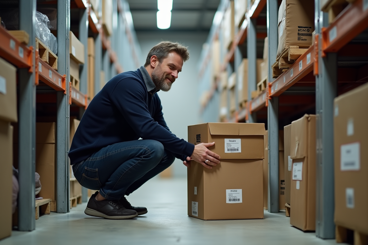 Homme organisant des cartons dans un espace de stockage