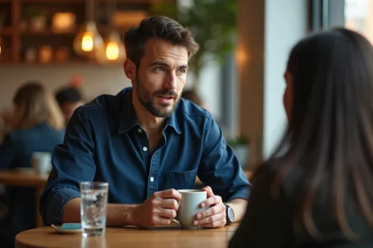 Homme qui se confie à une femme lors d'un premier rendez-vous dans un café parisien