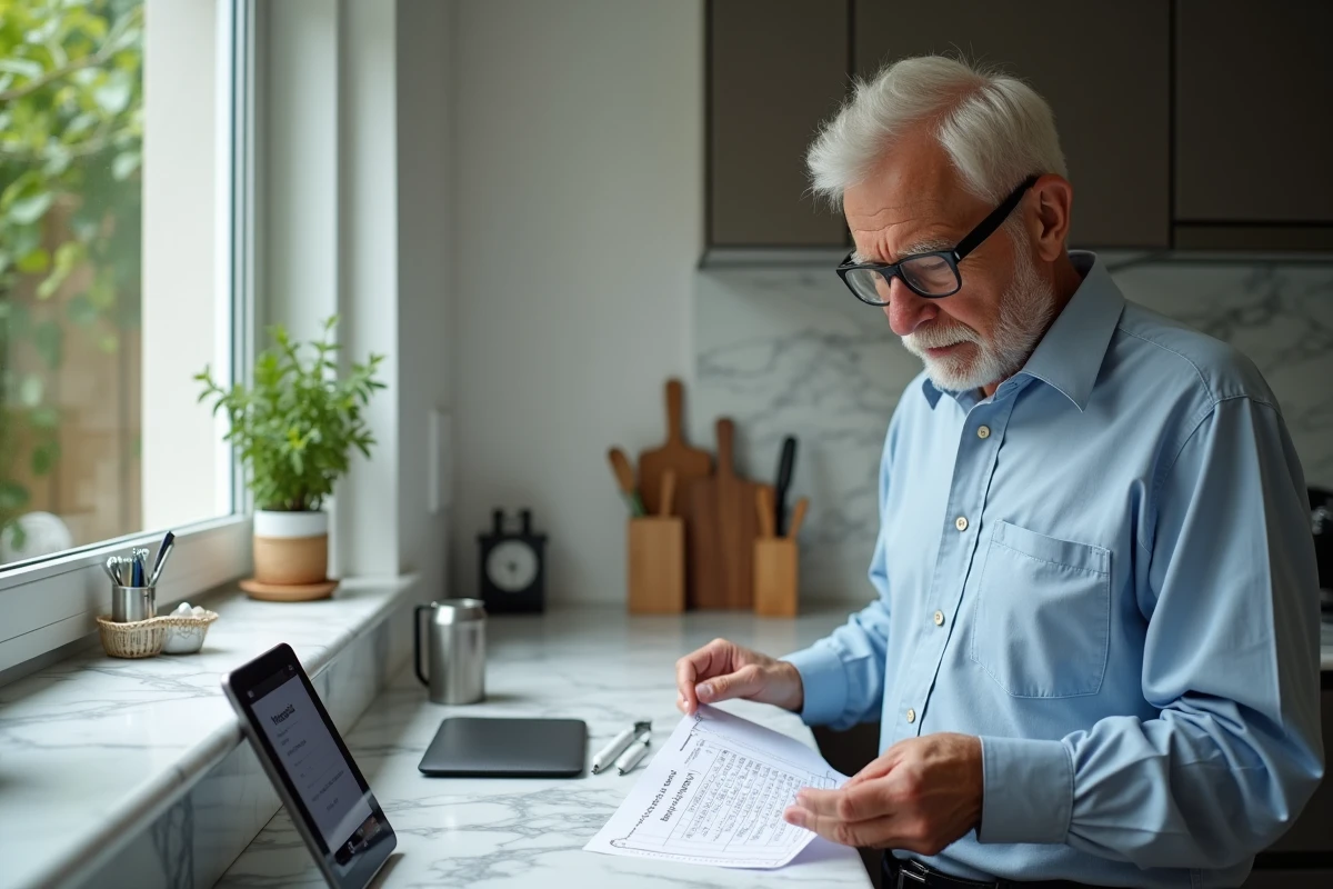 Retraite homme regardant un tableau de conversion dans la cuisine