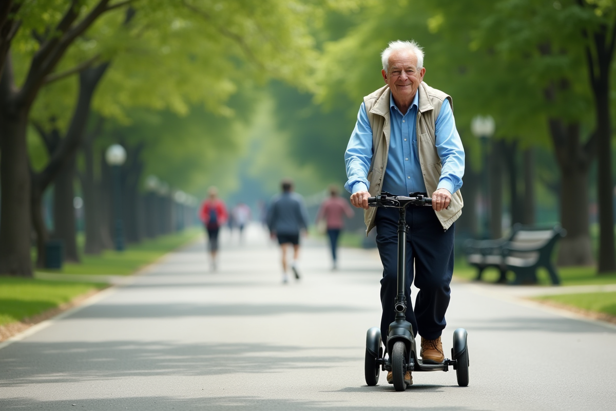 Homme âgé utilisant un scooter dans un parc verdoyant