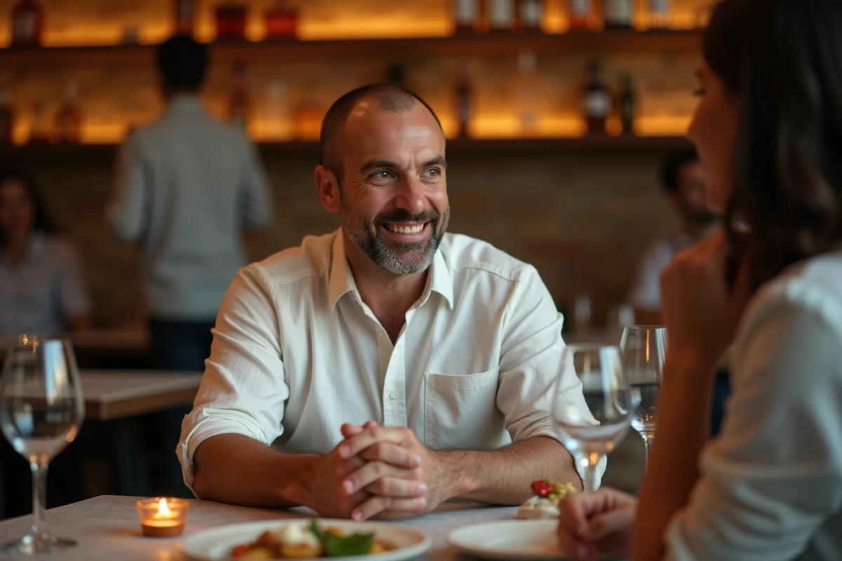 Homme sincère se livrant lors d'un dîner romantique, regard expressif et posture ouverte