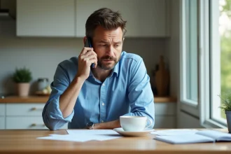 Homme d'âge moyen avec smartphone dans une cuisine lumineuse